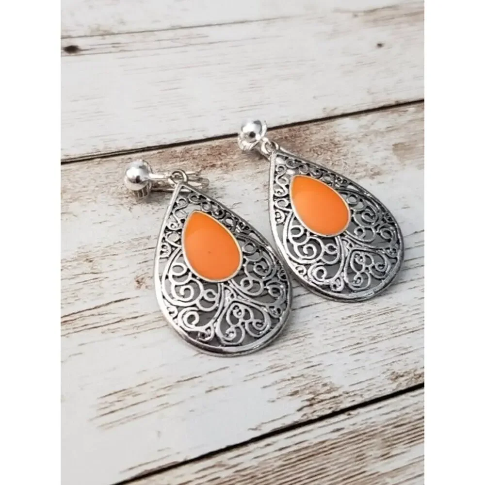 Vintage Clip On Earrings Silver Tone & Orange Ornate Teardrop Shape Dangle